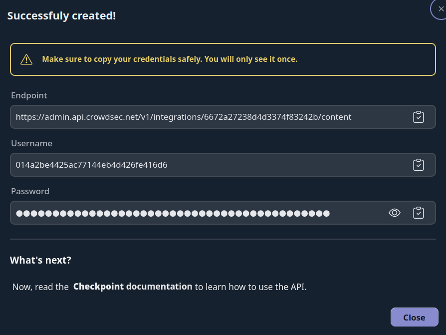 Checkpoint Integration Credentials Screen